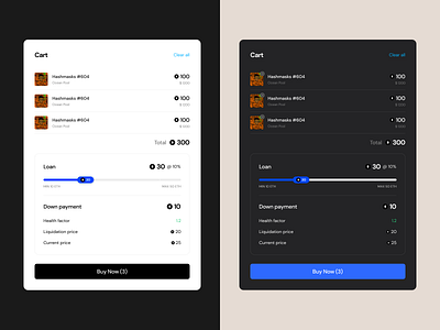 Cart button buy now cart clear all current price dark dark mode down payment health factor light light mode liquidation price loan modal modals ocean pool slider