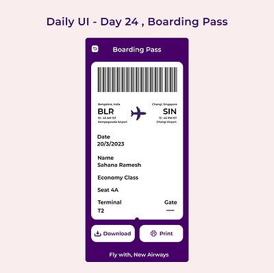 Daily UI, Day 24 - Boarding Pass 100daychallenge 100daysofui boardingpass boardingpassui boardingpassux dailyui dailyuichallenge dailyuiday24 dailyuiday24challenge dailyuidesign design ui uichallenge uxdesign