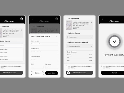 App Checkout Flow Wireframes app audiobook blackandwhite checkout ebook flow ui ux wireframe