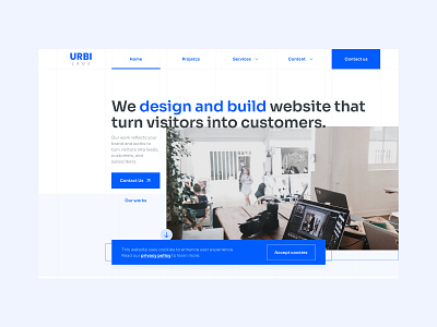Urbi Labs - Homepage & Cookies agency blue cookies design development grid homepage minimalism ui white