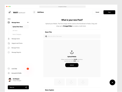 Waiv Dashboard - Managment Dash app dark dashboard design instagram managment media menu news payment social social website ui upload website