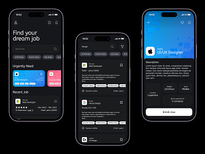 UI App Design Search Job app app design creative dark theme figma mobile app portfolio ui ui design uiux user interface