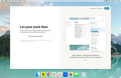 Sticky sign up page calendar desktop app macos notes productivity sign up tasks ui ux workflow