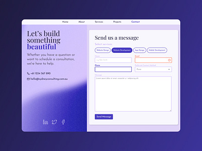 Contact Page - Dribbble Product Design Course Warmup contact form design desktop design digital agency purple ui ux website website design wireframes