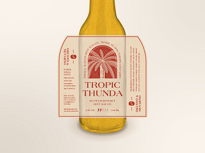 Tropic Thunda Hot Sauce Label bottle branding design fire geometric hot hot sauce illustration label line line work modern natural packaging palm tree retro simple spicy typography vintage