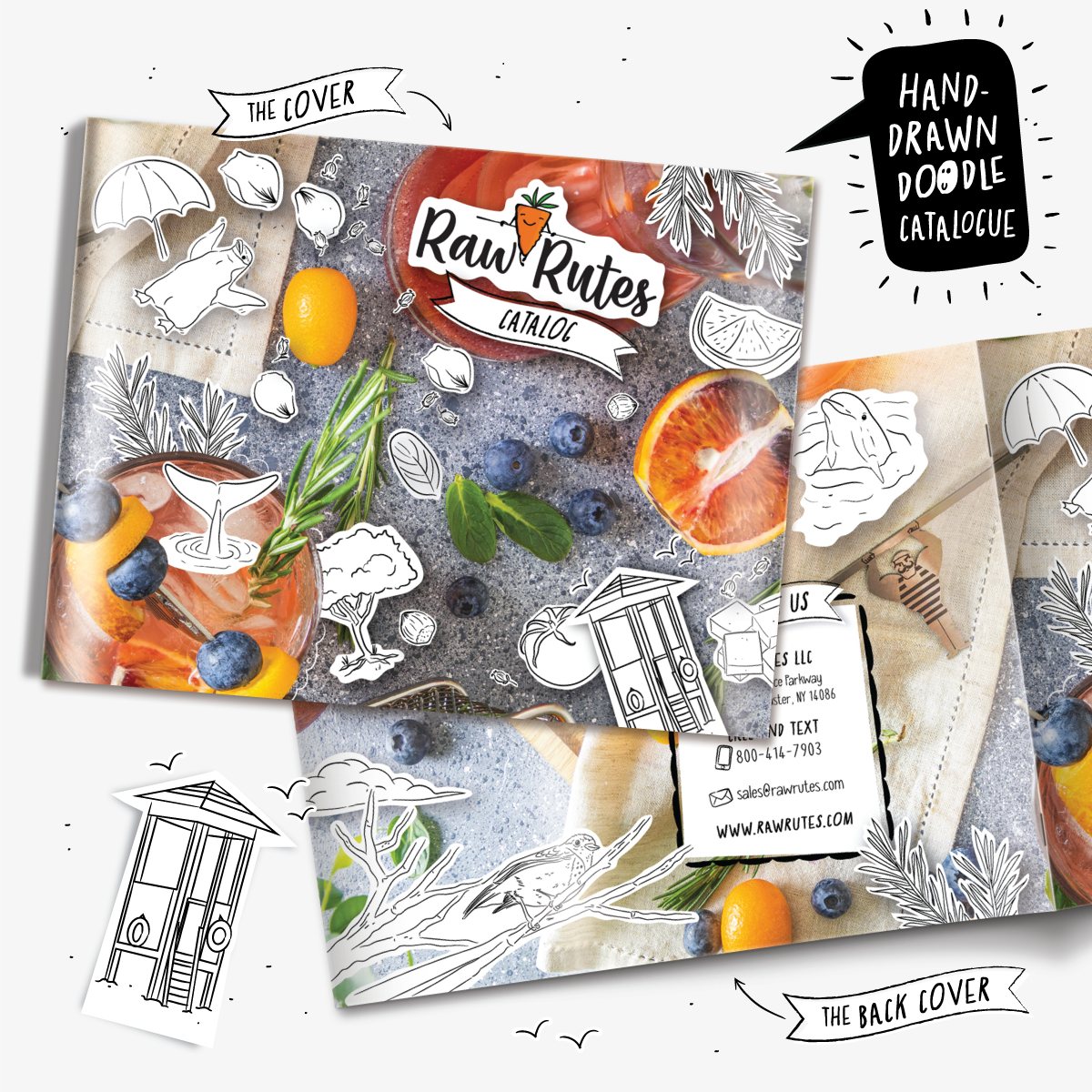 Raw Rutes / Illustrated Catalogue bar brochure cataloge catalogue colorful doodle food graphic design hand drawn illustrations kitchen printable tool