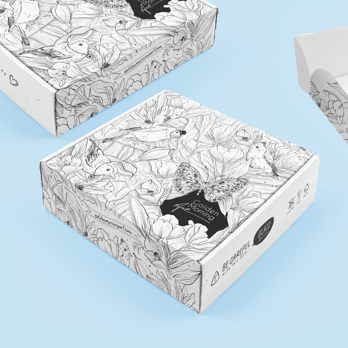 Golden Morning / Mailing Box bird black white box butterfly drawing flower fun hand drawn illustration line art mailer box mailing box packaging suncatcher