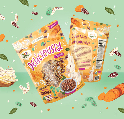 Deliciously Granola / Packaging colorful food fun granola graphic design hand drawn health healthy illustration packaging pouch rabbit seeds sweet potatoe vegetables veggies