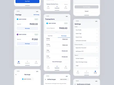 Recharge Mobile App android app design card finance fintech home screen minimal app minimal design mobile app mobile app design money recharge settings tabs toll app transactions ui ui design