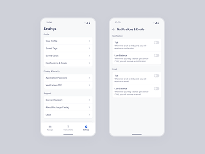 Settings and Notifications app design design emails settings menu minimal app minimal design mobile app notification settings notifications settings settings screen switch toggles ui design