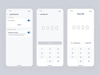 App Password app design app password app pin biometrics design lock app lock screen minimal design mobile app design security set new pin settings toggles ui design unlock ux design