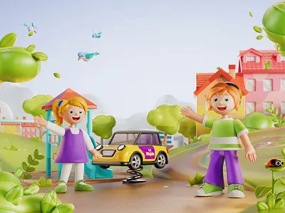 Kids in the park 3d c4d design illustration visual