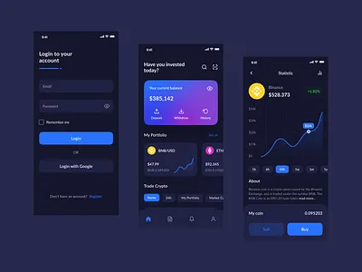 Coinpro - Cryptocurrency App binance bitcoin bnb btc coin coins crypto cryptocurrency dark design mobile nft stats ui