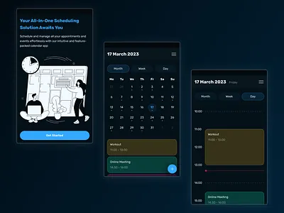 Calendar App - Dark Mode app blue calendar calendar app colors dark dark mode dark mode calendar design event event management illustration management management app mobile organise time time manamegent ui ux