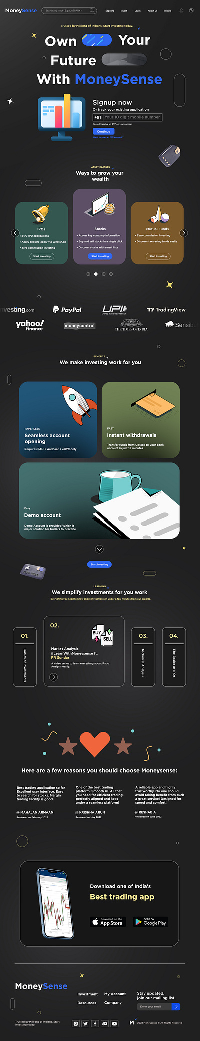 MoneySense-Share Market App Webpage Design (Dark Theme) adobe xd app design figma illustration landing page logo mobile app moneysense photoshop share market app ui ui design web page website design