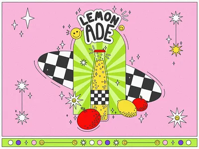 refreshing lemonade 2d illustration 80s adobe illustrator bubble checkerboard pattern colorful design drink flat design flat illustration food lemonade pink retro smile sparks stars summer vector art vector illustration