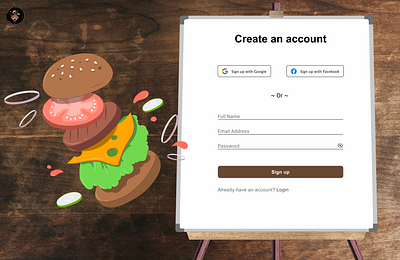 Sign up page Food menu website - Café Gracious art burger creativity food menu illustration logo sign up page ui ui design uiux design visual design