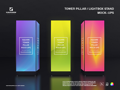 TOWER PILLAR / LIGHTBOX STAND MOCK-UPS advert advertising black booth dark display exhibition lightbox logo mockup pillar platform presentation psd realistic screen showcase square stand trade