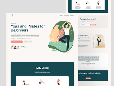 Landing Page UI Design: Clean and Minimalist - Yoga and Pilates course exercise figma fitness free class green health homepage landing page meditation pilates template ui user interface webdesign welness workout yellow yoga zen