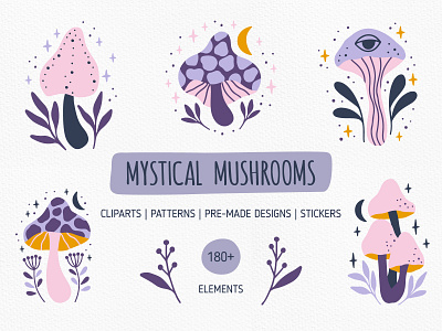 Mystical Mushrooms amanita celestial clipart design evil eye fairy fantasy flora fungi hand drawn illustration magic moon mushroom mushrooms mystical nature psychedelic trippy vector
