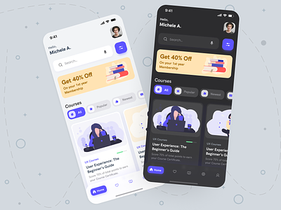 Education Home page light and dark app clean component dark dark theme design education home landing light light theme minimal mobile modern theme ui ui component ux