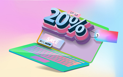 graphic banner with a 20% discount on the laptop screen gold