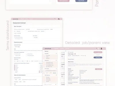 parachute dashboard design detailed job employment contract message dashboard nanny terms ui ux website website design