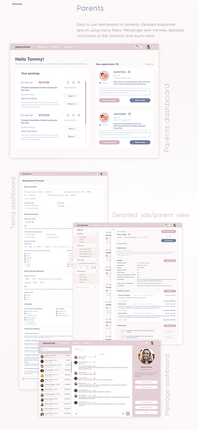 parachute dashboard design detailed job employment contract message dashboard nanny terms ui ux website website design