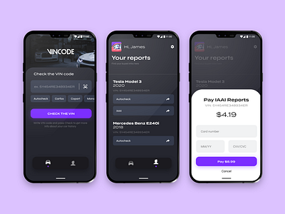 VIN Check Car Service Mobile Android App android app auto car check dark dark mode design mobile report service ui ux vin vincode