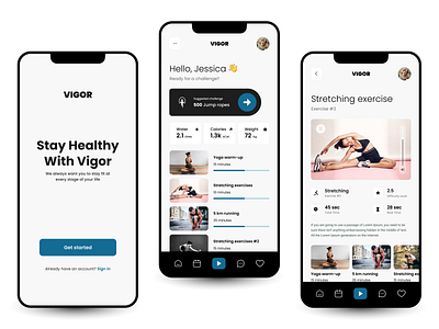 UI/UX design | VIGOR - Fitness Workout Health Gym Training App app design fitness app graphic design minimalist mobile app ui ux