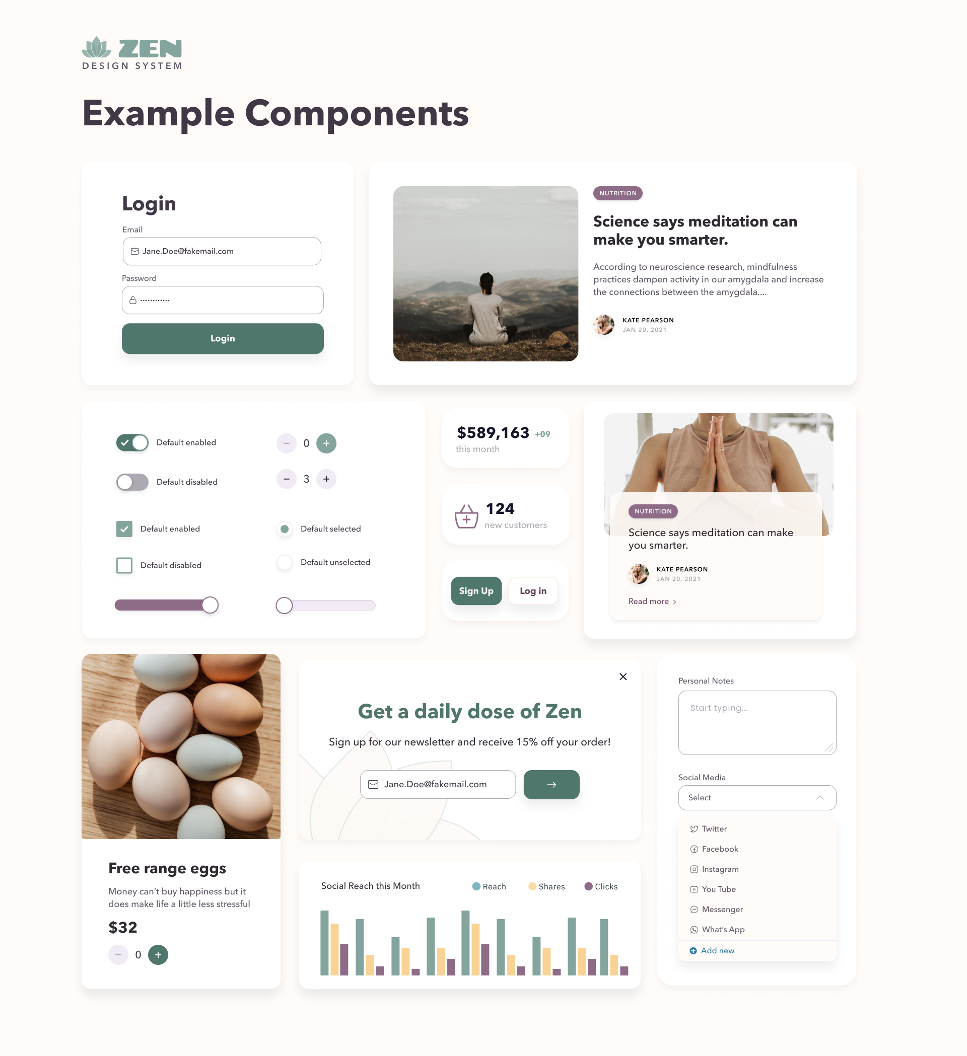 Zen Design System accessible blog card card design components design system e commerce meditation product design ui visual design wellness yoga