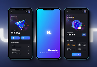 Crypto investment app 3d app black blockchain blue crypto dark design diamond glow gradient illustration minimal minimalistic mobile mobile app mobile app design mobile design neon ui