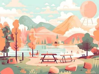 Landscape Illustration ☀️ adventure book cover branding camping cartoon digital art flat design graphic design illustration illustrator lake landing page landscape mountain nature outdoor picnic sky website