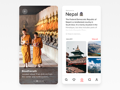Beautiful Nepal android app boudhanath home page icon ios monk nepal onboarding slides temple tour tourism ui