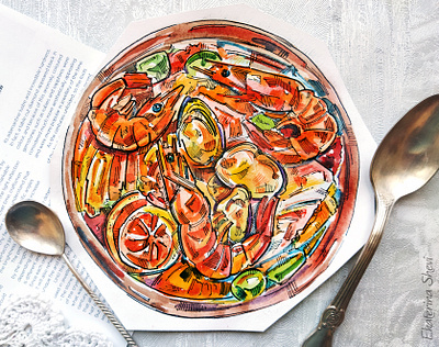 Bouillabaisse . Watercolor food illustration. branding illustration logo russia sketch watercolor