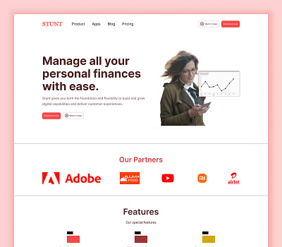 STUNT Finance red theme saas typography uiux web design