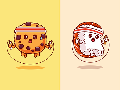 Food Diet🍪🍣 character chocolate cookies cute diet food icon illustration japan japanese food jump rope logo meal rope snack sports sushi wafer