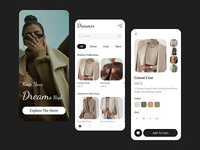 Dreamer Clothes App add to cart card category chip clothes app filter landing like mobile navigation price product design product detail page (pdp) product listing page (plp) search search box ui ux web app web design