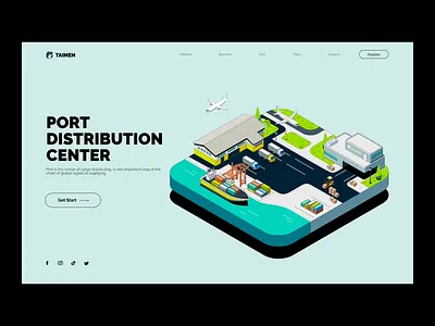 Landingpage factory illustration isometric logistics plan port storehouse tree truck vector