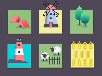 Tile lands game icons city builder cosy game design game design gradient icon illustration indie game management game minimalistic mobile game shapes simplicity ui vector