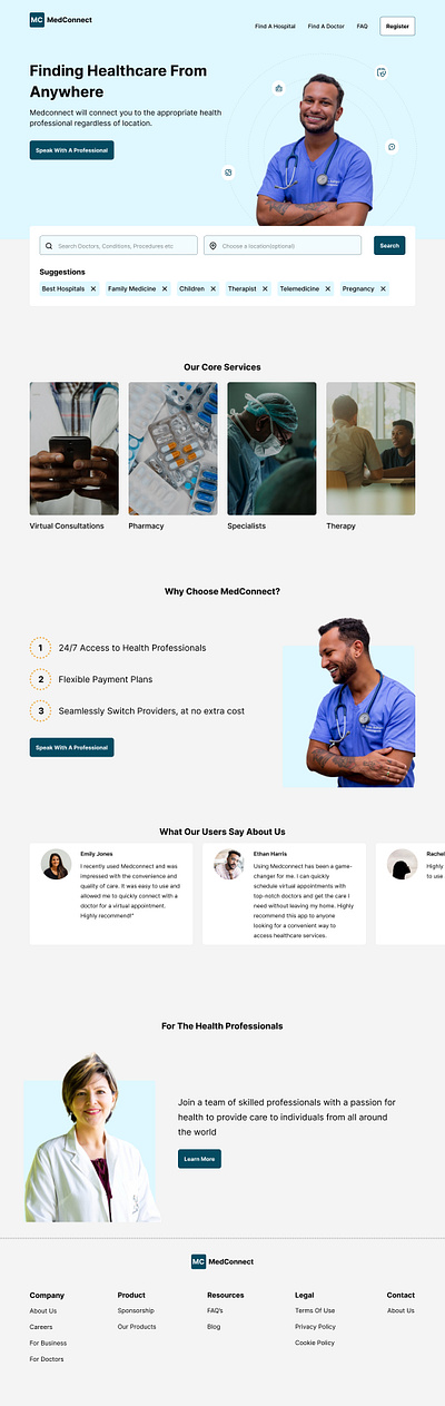 MedConnect- Help For Everyone, From Anywhere case study creative design designer doctor famous figma health healthtech hospital illustration landingpage medical popular telemedicine therapy top uidesign uiux website