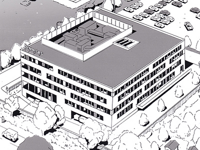 Morte.c HQ building car comic hq illustration office