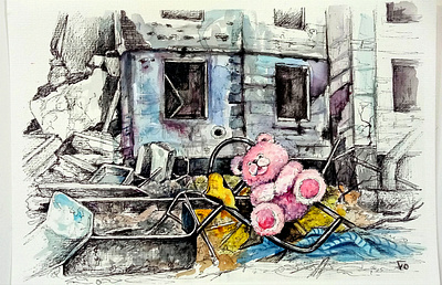 War in Ukraine, Teddy Bear and destroyed houses, watercolor hand painted handmade illustration paint painting watercolor original painting