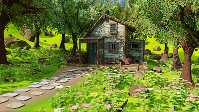 House In Forest 3D model 3d art bucket chair environment exterior flower forest game graphic design grass home house landscape log lowpoly nature render rock tree