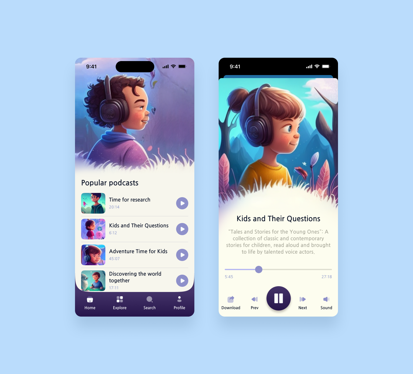 Podcasts for children _ App Light Version app appdesign audio children design dribbble dribbblers illustration interface kids list podcast ui uidesign userinterface ux uxdesign uxui violet webdesign