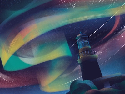 Northern Lighthouse. aurora background design evening illustration landscape illustration lighthouse night night sky northern lights stars