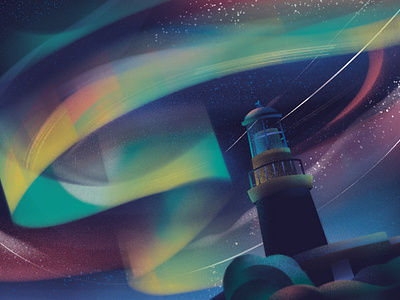 Northern Lighthouse. aurora background design evening illustration landscape illustration lighthouse night night sky northern lights stars