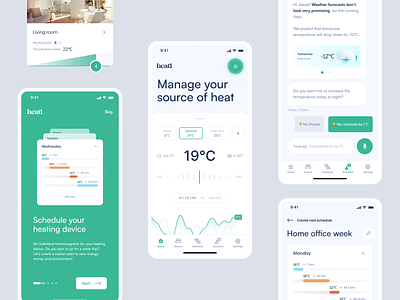 heati - Heat management app ai app assistant bot bottom navigation chat chatbot controler cutomize harmonogram home screen intelligent home mobile onboarding schedule slider smart home temperature timeline weather