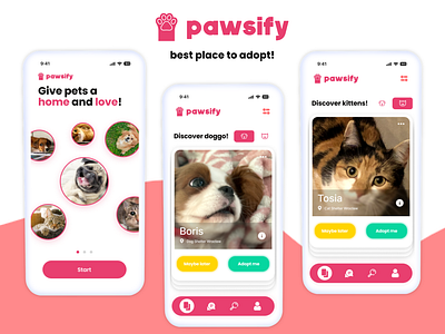 Tinder like pet adoption app adopt adoption cats cute date app dogs graphic design pawsify pets phone app tinder ui