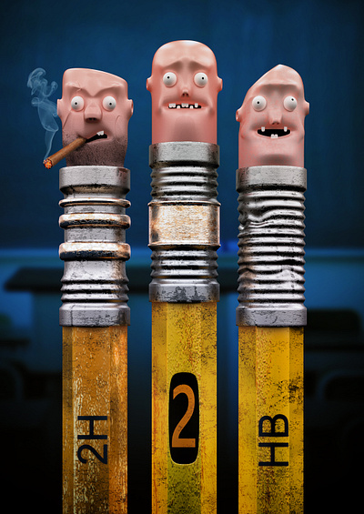 Eraser Heads 3d characters comic editorial expression funny humor illustration pencils rendering